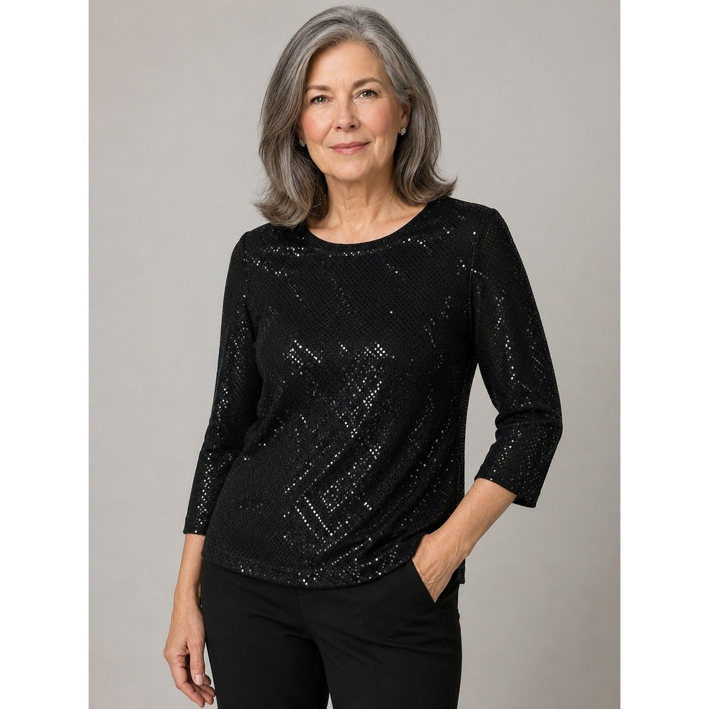 St. John Caviar Womens XL Black Sequin 3/4 Sleeve Scoop Neck Stretch Top Blouse